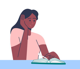 Young girl is sitting reading a book. The concept of study, work, education. Young woman or student who is fan of literature enjoys her time while reading books. Book festival.  Vector illustration