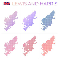 Lewis and Harris dotted map set. Map of Lewis and Harris in dotted style. Borders of the island filled with beautiful smooth gradient circles. Amazing vector illustration.