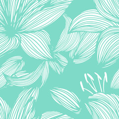 Fototapeta na wymiar Lilies seamless background. light blue pattern with hand-drawn fabric . Vector illustration