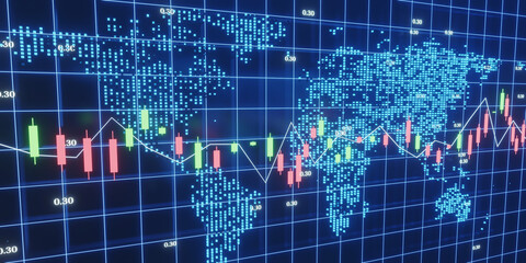 concept digital Stock market investment trading world map financial chart with candlestick line graph on dark blue background. 3d illustration
