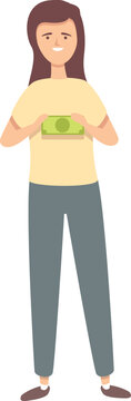 Girl take bancnote icon cartoon vector. Future money. Save finance
