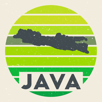 Java logo. Sign with the map of island and colored stripes, vector illustration. Can be used as insignia, logotype, label, sticker or badge of the Java.