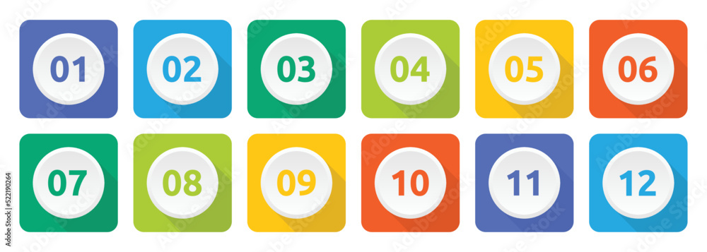 Poster Set of colorful number button from 1 to 12 flat design. Vector illustration.