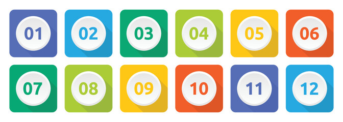 Set of colorful number button from 1 to 12 flat design. Vector illustration.