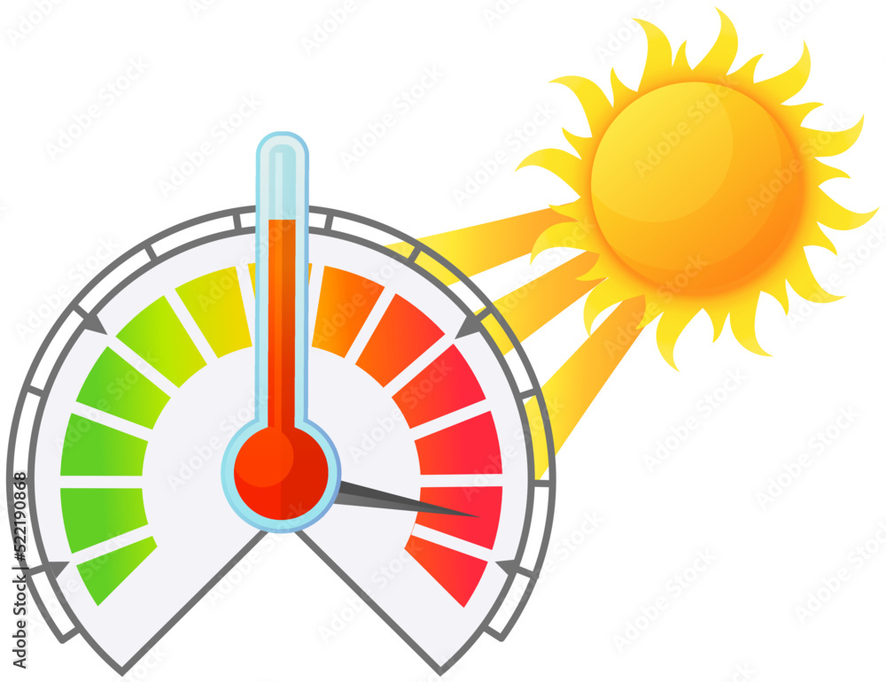Poster thermometer with rising temperatures in hot weather. circular measuring device with digital and anal