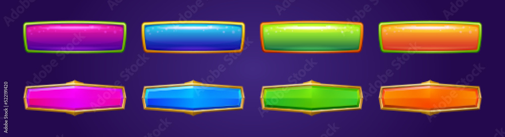 Poster shiny game buttons with gold and color frames. vector cartoon set of web or mobile app interface ele