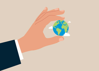 Save the planet. Hand holding globe, earth. Earth day concept. Earth day vector illustration for poster, banner, print, web.Modern cartoon flat style illustration.