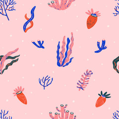 Cute seamless tropical pattern with seaweed, coral, actinia. Perfect for wallpapers, web page backgrounds, surface textures, textile. Hawaii surfing vector illustration.