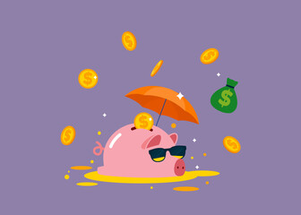Pink piggy bank wear sunglasses floating golden coins. The creative concept of saving money. Simple trendy cute cartoon vector flat style illustration.

