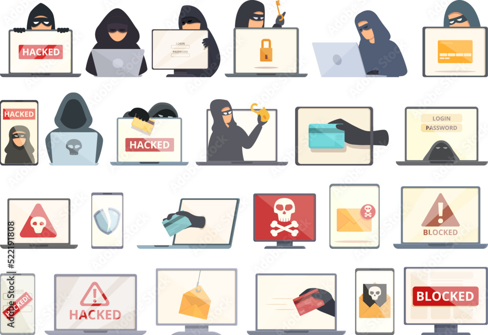 Aufkleber hacker attack icons set cartoon vector. fraud hacking. attack criminal