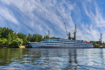 Pleasure tourist 4-deck ship "Alexander Suvorov" in port of Chaikovsky (Perm Territory, Russia).