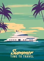  Speedboat Trip poster retro, boat on the ocean, sea. Tropical cruise, sailboat, palms, summertime travel vacation. Vector illustration vintage © hadeev