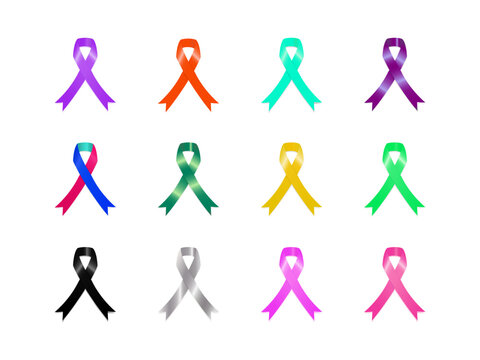 Set of colorful awareness ribbons isolated on white background Vector illustration