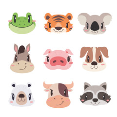 Cute animals, cartoon, vector, illustration, frog, tiger, koala, horse, pig, dog, bear, cow, raccoon