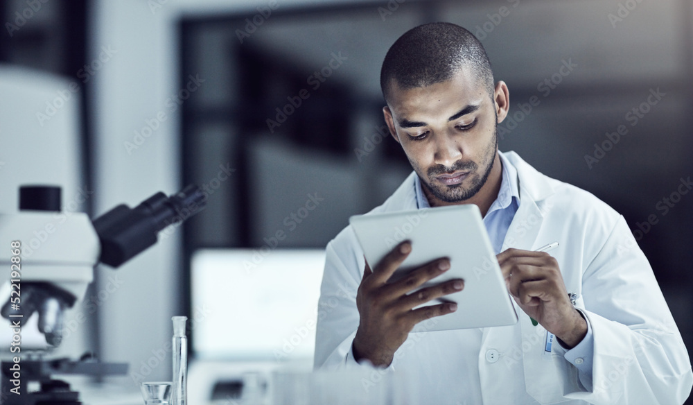 Poster Healthcare science professional with tablet searching, browsing and reading test result for marburg virus, ebola or monkeypox cure. Serious biologist, scientist or pathologist in lab medical research