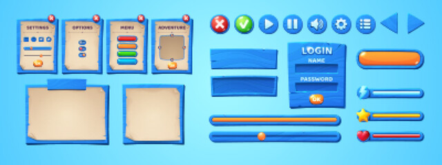 Game ui menu interface, scrolls and antique parchments on blue wooden boards. Cartoon wood textured planks, gui graphic elements. User panel with settings, options or adventure isolated 2d vector set © klyaksun