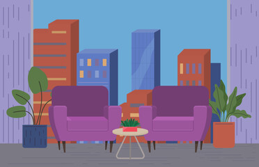 Naklejka premium Cozy living room interior design with modern furniture, panoramic window, sofa, table and armchairs. View inside stylish apartment or guest house with houseplants. Residence indoor decoration