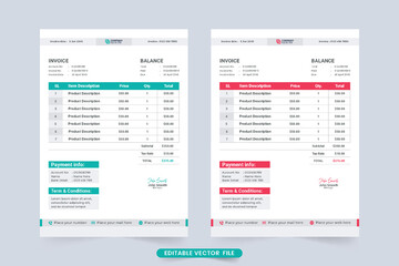 Payment receipt and invoice template decoration with blue and red colors. Creative business invoice template design for product information. Invoice template vector with payment agreement section.