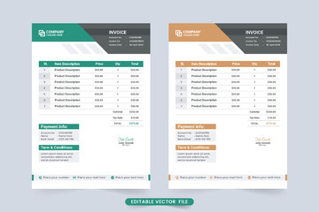 Payment agreement and invoice bill template vector. Corporate invoice decoration with orange and green shades. Business invoice template design with billing and payment agreement section.