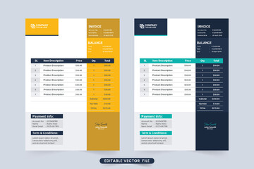Minimal invoice template and billing section vector. Modern business invoice element design with yellow and dark blue colors. Bill receipt and payment layout decoration for corporate business.