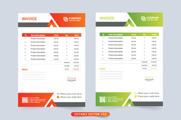 Corporate business invoice template vector with red and green color shade. Product purchase info tracker with payment agreement and invoice bill template. Cash receipt and payment bill invoice vector.