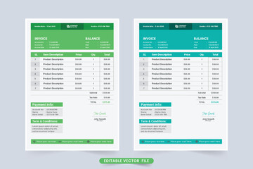 Business invoice decoration element vector. Price receipt and payment agreement template. Order Register and invoice bill template with green and blue colors. Creative invoice template design.