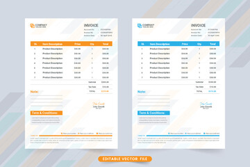Invoice Template vector with yellow and blue colors. Corporate business billing paper and cash receipt design. Payment agreement and invoice bill template vector. Product purchase receipt design.