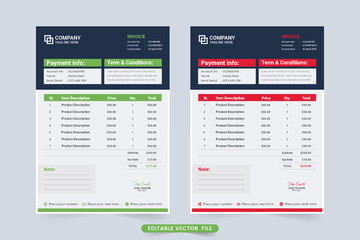 Creative invoice template design with green and red colors. Business order billing paper vector with payment agreement section. Payment receipt and invoice bill template vector with modern shapes.