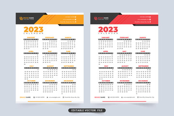 2023 calendar template design with yellow and red colors. Yearly business calendar minimalist design with digital shapes. Editable desk organizer calendar template for the year 2023.