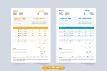 Modern minimal invoice template decoration with business info section. Payment receipt and invoice bill template with yellow and blue colors. Product buy and sell info tracker and cash receipt vector.