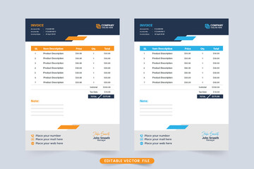 Fototapeta na wymiar Modern business invoice template decoration with blue and yellow colors. Product information and price receipt design. Minimal invoice template and cash receipt vector for corporate business.