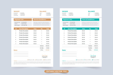 Corporate invoice template with brown and blue color vector. Cash receipt and billing paper decoration with modern shapes. Product buy and selling info tracker and payment agreement paper for business