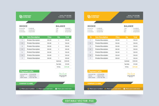 Creative payment receipt template vector with green and yellow colors. Corporate invoice and cash receipt template decoration. Payment and bill receipt invoice for business.