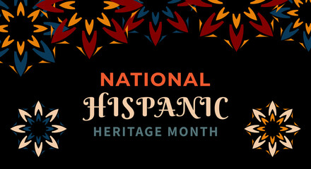 Hispanic heritage month. Abstract floral ornament background design, retro style with text, flowers