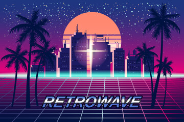 Retrowave banner vaporwave aesthetic background. Futuristic city palms grid 3d, sunset 80 s Synthwave