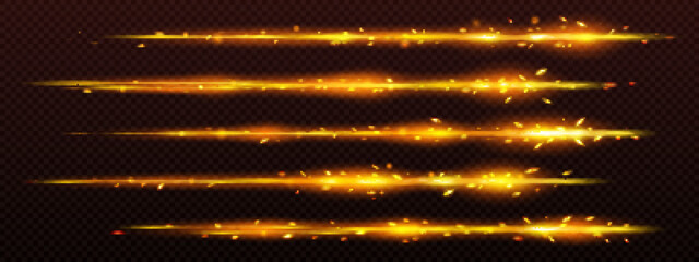 Fire trails with sparks, abstract bright glow lines. Vector realistic set of flame streaks, horizontal straight lines with orange light and sparkles isolated on transparent background © klyaksun