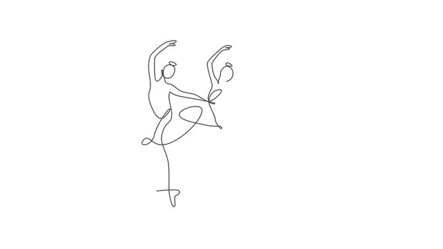 Animation of one line drawing sexy woman beauty ballerina. Pretty ballet dancer shows dance motion concept. Minimalist wall decor poster print. Continuous line self draw animated. Full length motion.