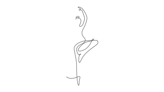 Animated self drawing of single continuous line draw pretty ballerina in ballet motion dance style. Beauty sexy dancer concept logo, Minimalist poster print art. Full length one line animation.