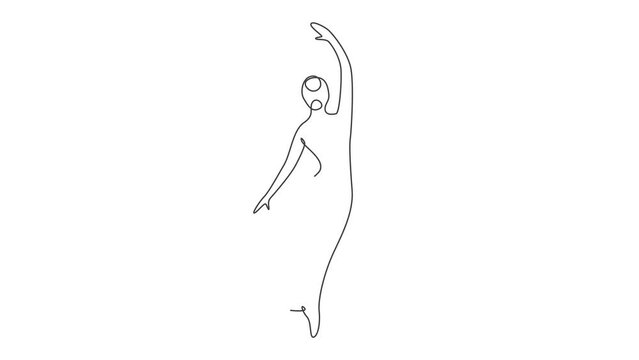 Animated self drawing of single continuous line draw pretty ballerina in ballet motion dance style. Beauty sexy dancer concept logo, Minimalist poster print art. Full length one line animation.
