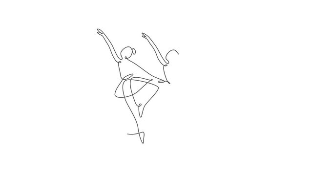 Animation of one line drawing sexy woman ballerina. Minimalist pretty ballet dancer show dance motion concept. Wall decor poster fashion print. Continuous line self draw animated. Full length motion.