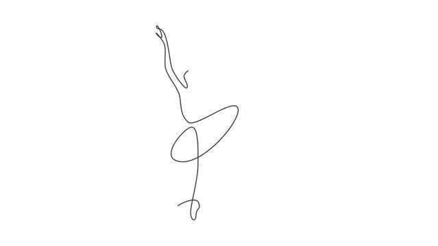 Animated self drawing of single continuous line draw pretty ballerina in ballet motion dance style. Beauty sexy dancer concept logo, Minimalist poster print art. Full length one line animation.