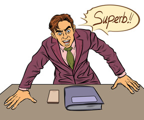 The young businessman was excited and surprised. He opened his eyes wide and shouted loudly.hand drawn style vector design illustration isolated on a white background.

