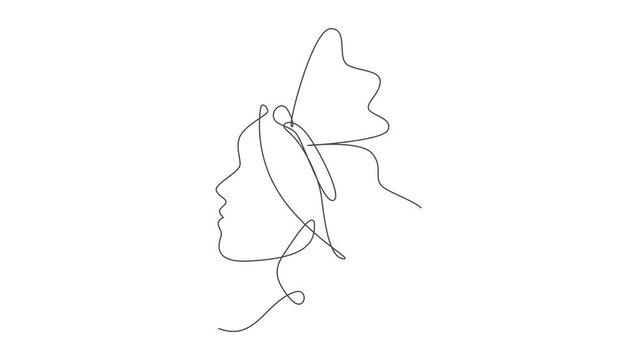 Animated self drawing of single continuous line draw beauty woman with butterfly artwork. Botanical, fashion, t-shirt print. Portrait face minimalistic style concept. Full length one line animation.