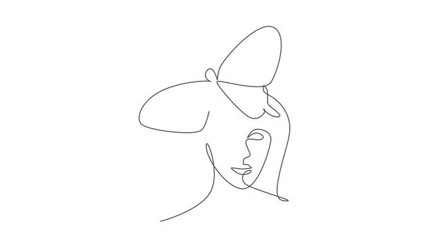 Animation of one line drawing woman with butterfly line art. Female abstract face butterfly wings portrait minimalistic fashion style concept. Continuous line self draw animated. Full length motion.
