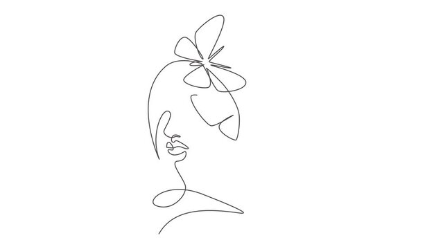 Animated self drawing of one continuous line draw sexy woman abstract face with butterfly wings logo. Female portrait minimalist style concept. Cosmetic icon. Full length single line animation.