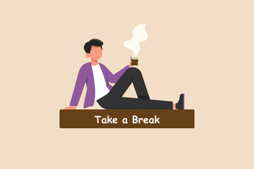 Young boy drink coffee to relieve stress at office. International coffee day. Flat vector illustration isolated.