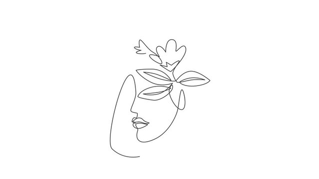 Animated self drawing of one continuous line art draw minimalist woman portrait with flowers. Beauty contour abstract face poster wall art print design concept. Full length single line animation.