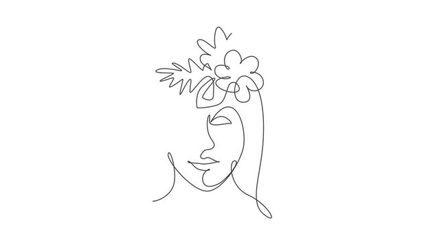 Animation of one line drawing beauty abstract face with natural flowers. Woman portrait minimalistic style concept for wall art decor print. Continuous line self draw animated. Full length motion.