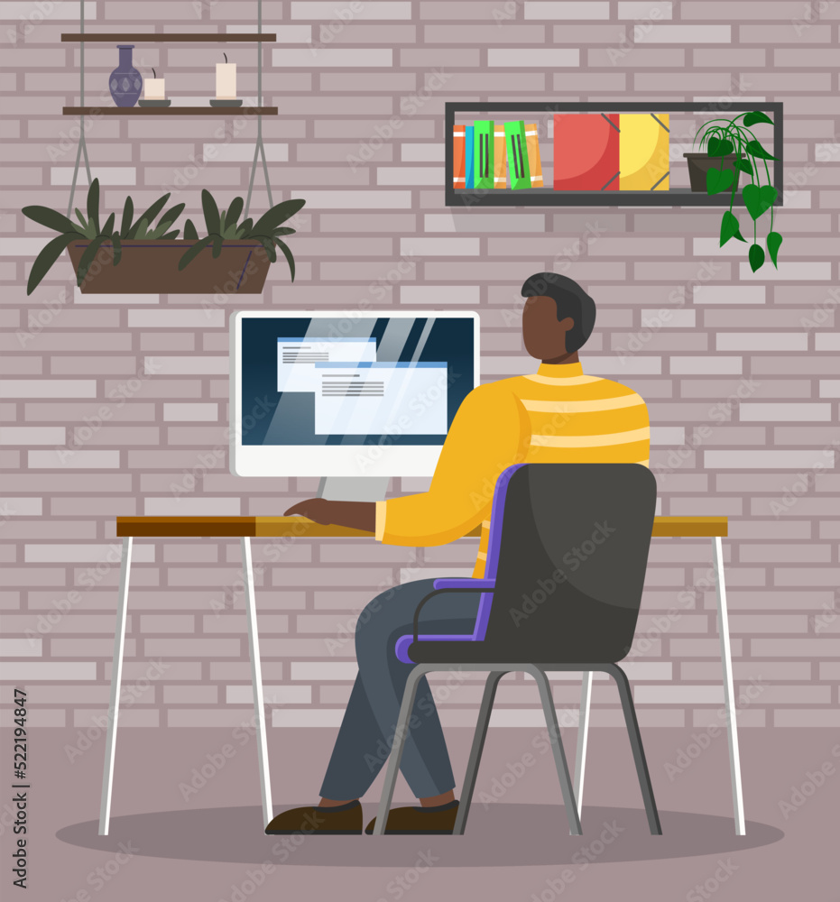 Aufkleber guy with computer sitting at table at home or at office workplace. man using website for watching vi