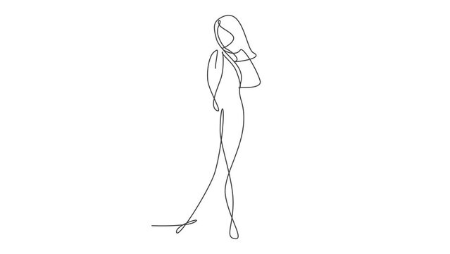 Animated self drawing of continuous line draw beauty woman feminine face abstract portrait print. Modern minimalism female silhouette art style concept. Full length single line animation illustration.